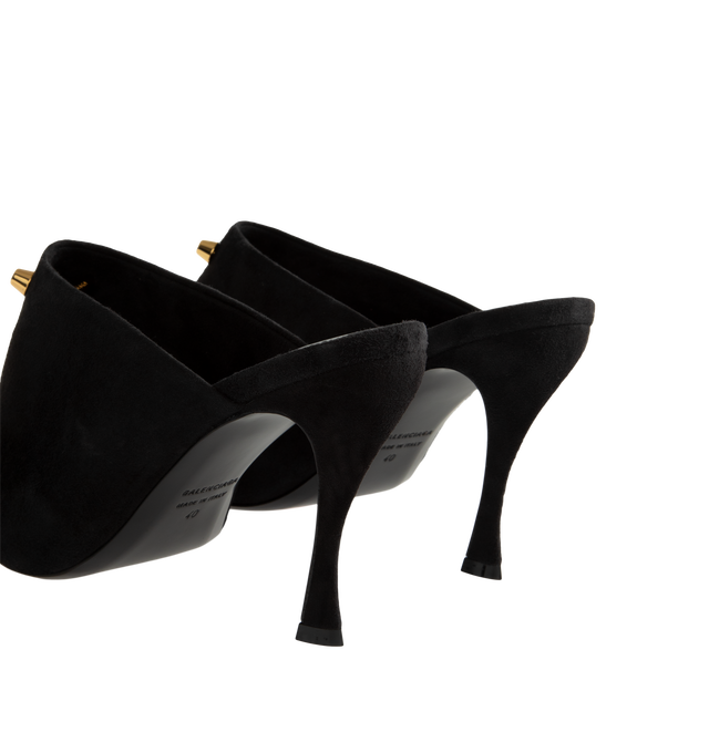 Image 3 of 4 - BLACK - Balenciaga Women's Midnight City Mule is crafted from suede goatskin and features an open-toe silhouette, a deep low-cut vamp, and a sculptural construction. Adorned with two signature City studs, this elevated mule is finished with a sculptural heel, Balenciaga Paris logo at the insole, small gold perforations along the insole edges, a tone-on-tone covered heel, and a black sole. Main Material: Goatskin Suede. Sole: Calfskin. Insole: Lambskin. Heel Height: 95 mm / 3.7 in. Made in Ita 