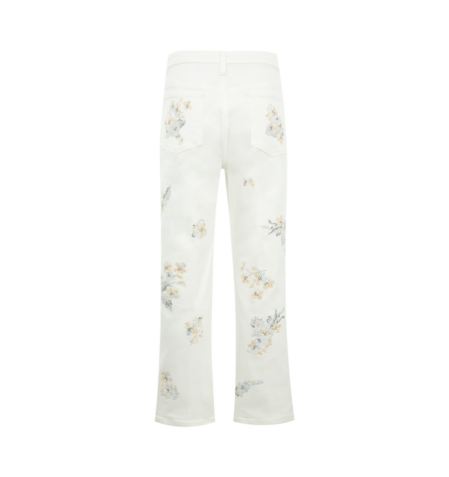 Image 2 of 3 - WHITE - LIBERTINE Porcelain Garden Boyfriend Jeans featuring a beaded floral motif, five-pocket style, mid-rise fit, straight-relaxed leg and zip fly button closure. 97% cotton, 3% elastane. 