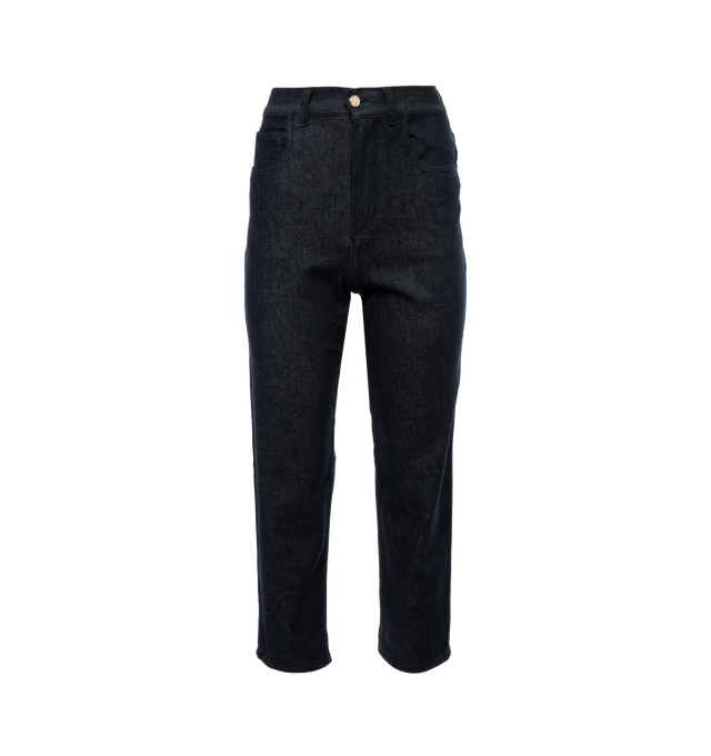 Image 1 of 3 - NAVY - MONCLER Cropped Jeans featuring button and zipper closure, classic five pockets and synthetic fabric logo label. 98% cotton, 2% elastane/spandex. 