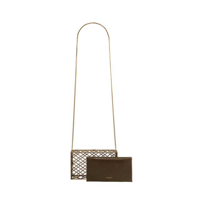 Image 2 of 3 - BROWN - Saint Laurent Women's Large Minaudire Crossbody Bag is crafted from gold-tone metal and features a structured evening silhouette with an adjustable chain shoulder strap and an antiqued gold-tone finish. Designed to make a statement, this elegant minaudire is lined in luxurious lizard leather and provides space for small essentials while maintaining a sleek, compact profile. Main Material: 100% Metal. Lining: 100% Lizard Leather. Hardware: Antiqued Gold-Tone Metal. Dimensions: 16 x 9 x 