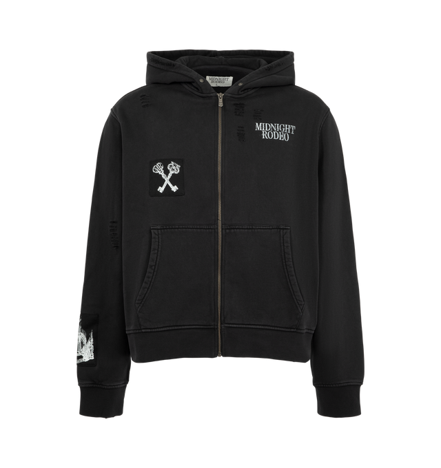 Image 1 of 2 - BLACK - Midnight Rodeo Men's Opera House Full Zip Hoodie is crafted from heavyweight cotton and featuring a boxy silhouette, a full-zip front closure, and embroidery patchwork design on the front and back. Designed with a faded wash and subtle distressing throughout, this elevated essential reflects the brand's signature worn-in aesthetic while offering everyday comfort. Main Material: Heavyweight Cotton.  