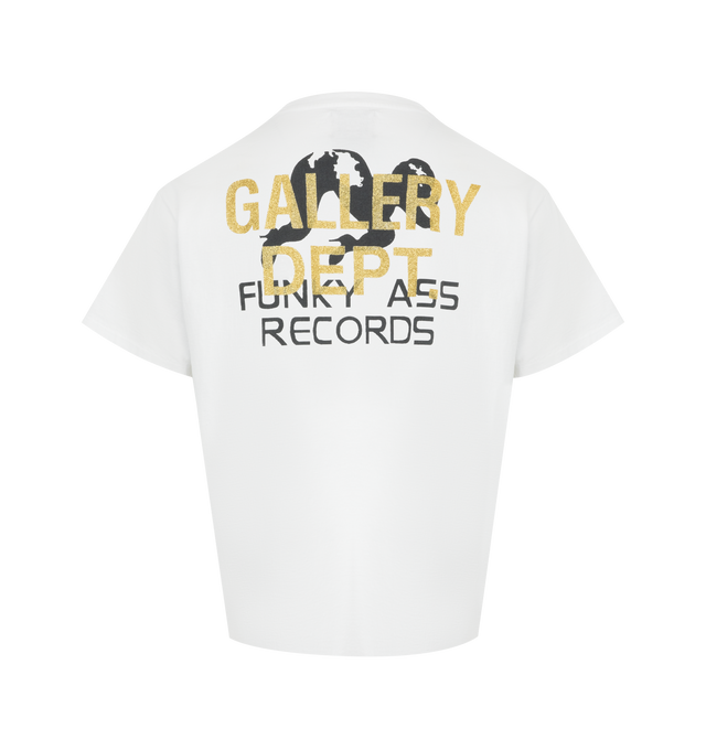 Image 2 of 2 - WHITE - GALLERY DEPT. Funky Ass Records Tee featuring graphic print on both the front and back, back graphic layered with GD ENGLISH logotype rendered in gold glitter, relaxed 90's fit, short sleeves and crew neck. 100% cotton. Made in USA. 