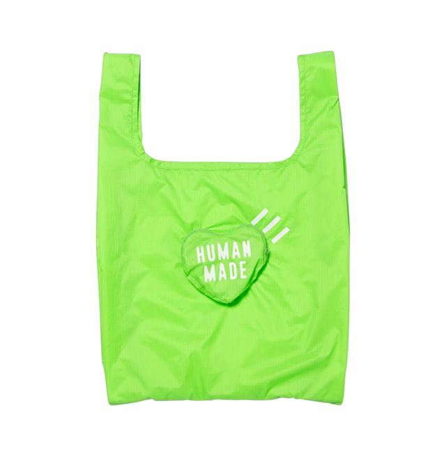 Image 2 of 3 - GREEN - HUMAN MADE Heart Shopper Bag featuring packable tote bag, Human Made heart logo and can be folded down into a compact heart-shape. 100% nylon. 