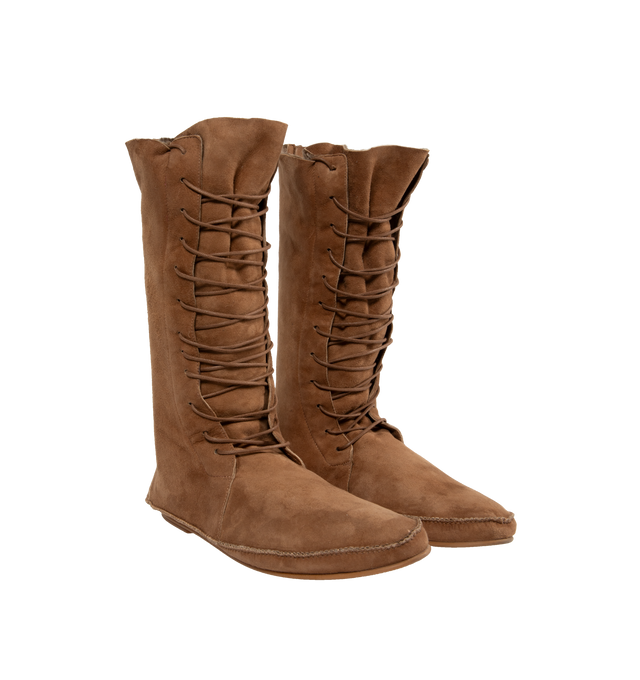 Image 2 of 4 - BROWN - THE ROW Tyler lace-up calf high boot in shearling-lined suede with waxed cotton laces, zipper closure at the back and rubberized sole. 100% leather. Made in Italy. 