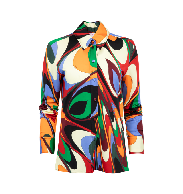MULTI - PUCCI long sleeved button-front shirt crafted from satin finish jersey featuring abstract pattern, pointed collar, button cuffs and a straight hem. Viscose 95%, Elastane 5%.