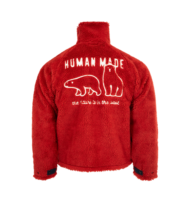 Image 2 of 3 - RED - HUMAN MADE Fleece Jacket featuring soft polyester boa fabric, heart-shaped magic tape on the left chest pocket, removing the tape reveals a text graphic, contrasting piping and pockets, chain-stitched animal graphic on the back, heart-shaped snap buttons on the cuffs and mesh lining with wind-proof film. 100% polyester. Contrast: 100% nylon. 