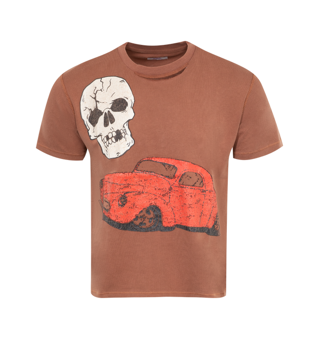 Image 1 of 2 - BROWN - ERL Skull Print T-Shirt featuring jersey texture, crew neck, cut-out detailing, short sleeves, skull print and straight hem. 100% cotton.  