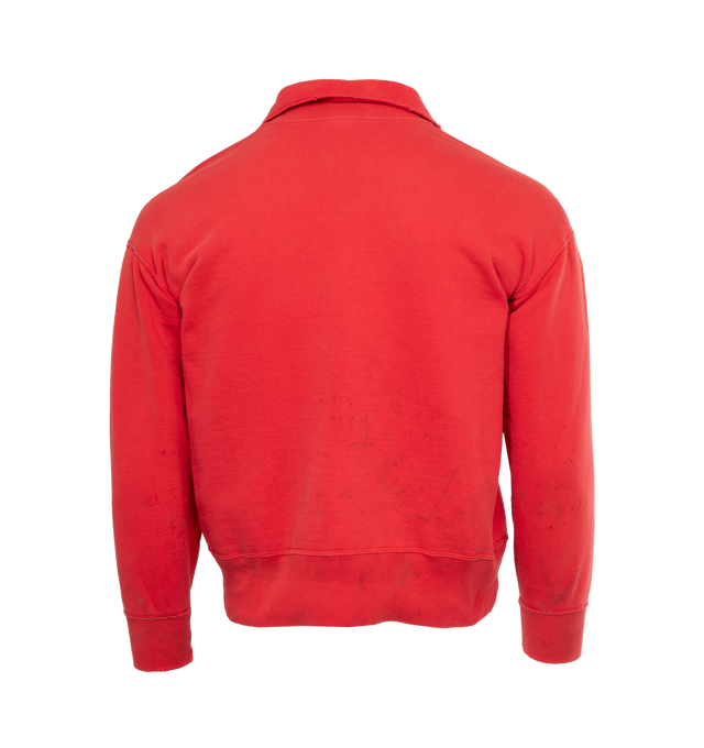 Image 2 of 3 - RED - SAINT MICHAEL Half Zip Sweater featuring logo on front, ribbed cuffs and hem, collar and half zip. 100% cotton.  