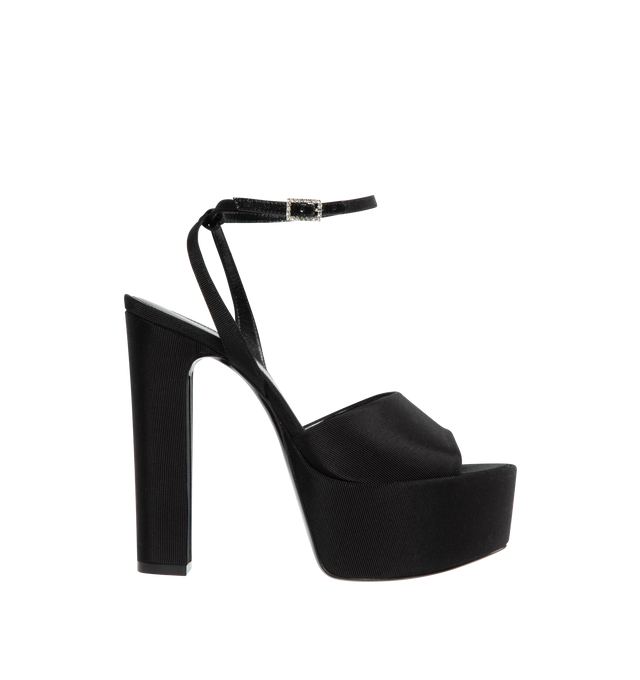 BLACK - SAINT LAURENT Jodie Platform Sandal featuring peep toe, platform sandal, almond toe, adjustable ankle strap, crystal-embellished buckle and covered block heel. 95MM. Grosgrain.