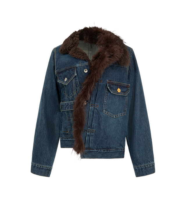 Image 1 of 3 - BLUE - Sacai Women's faux fur-trimmed cinched denim jacket featuring an asymmetric button placket and a plush black collar. Material: Cotton Denim, Polyester Faux Fur. 