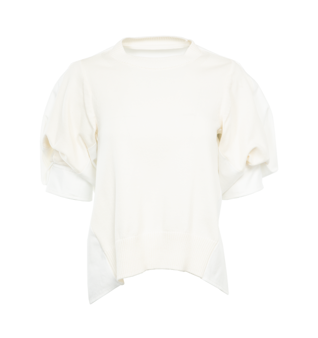 Image 1 of 3 - WHITE - SACAI Denim Knit Pullover featuring relaxed fit, round neck, short puffed sleeves, knit panel at front and asymmetric raw hem. 55% cotton, 45% polyester. 100% cotton. Made in Japan. 