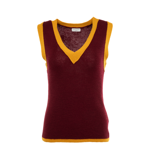 Image 1 of 3 - RED - DRIES VAN NOTEN Sweater Vest featuring regular fit, sleeveless, contrast trim and v neckline. 50% wool, 50% acrylic. 