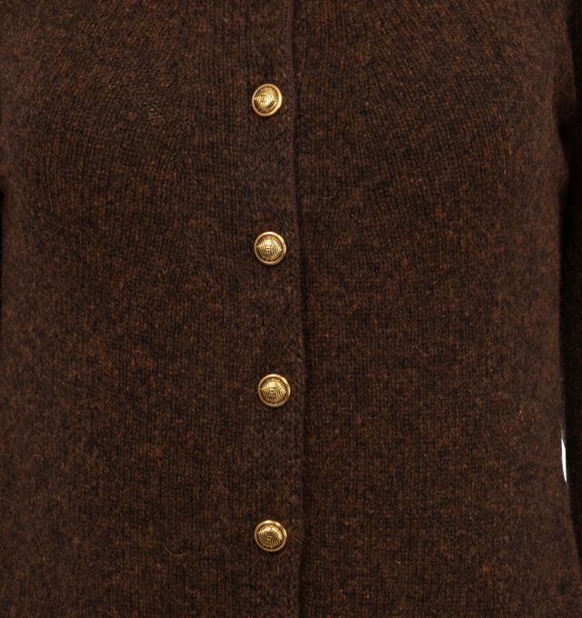 Image 3 of 3 - BROWN - Khaite luscious cardigan that is made seamless by a circular knitting process that creates vertical fashioning. Custom gold buttons and ribbed trim. Heritage cashmere (96% cashmere, 4% elastane). 