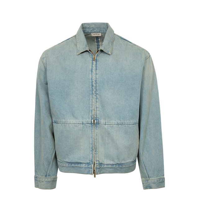 Image 1 of 3 - BLUE - FEAR OF GOD 8th Denim Jacket featuring non-stretch denim, fading throughout, paneled construction, spread collar, two-way zip closure, welt pockets, single-button barrel cuffs, leather logo patch at back collar, pleats at back, adjustable button tabs at back hem and logo-engraved brass-tone hardware. 100% cotton. Made in United States.