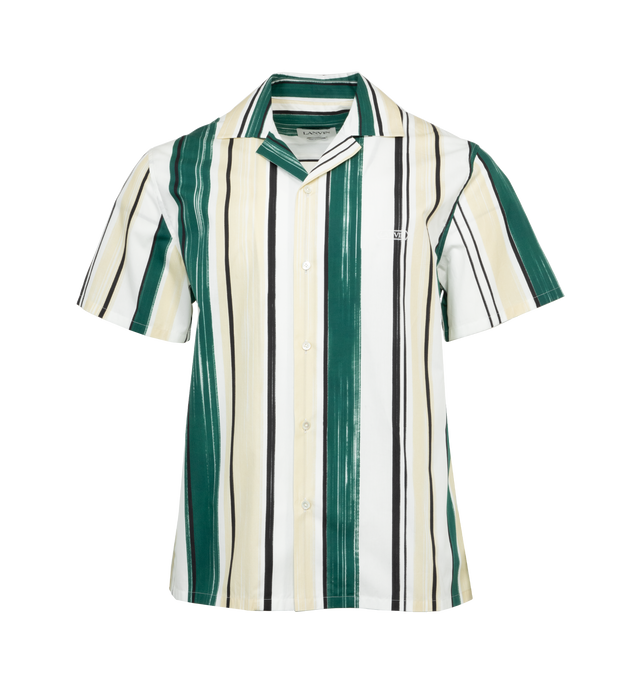 Image 1 of 3 - GREEN - LANVIN Printed Bowling Shirt featuring pointed collar, front buttoned fastening, white embroidered logo on the chest, short sleeves, straight hem and stripes printed pattern all-over. 100% cotton.  