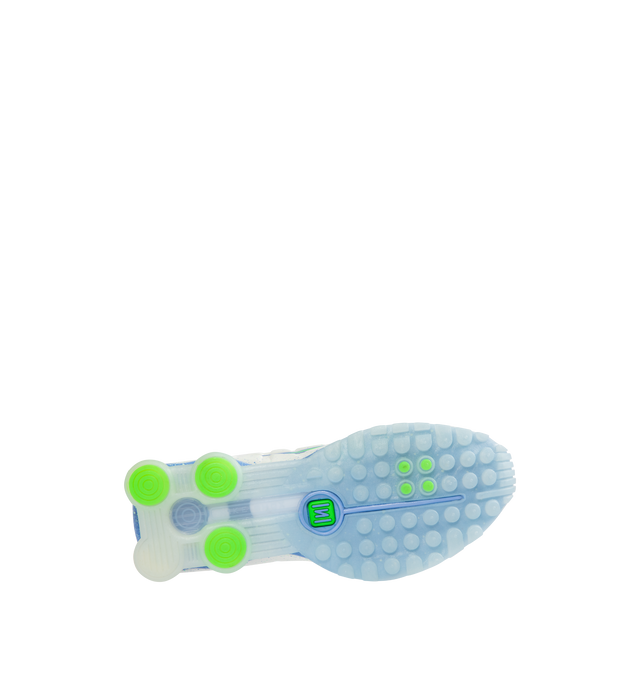 Image 4 of 5 - WHITE - NIKE Shox R4 Sneaker featuring Nike Shox columns provide responsive cushioning, modified, circular waffle outsole, laser perforations throughout, lace up closure and padded collar.  