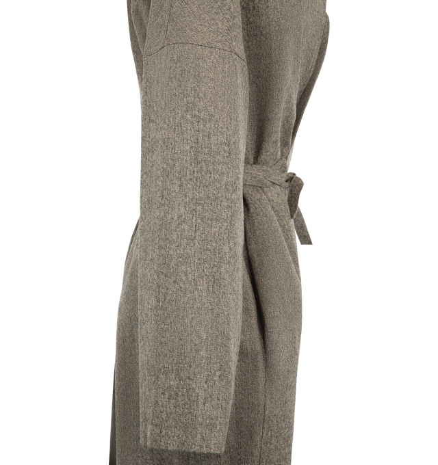Image 3 of 3 - GREY - Rick Owens Women's Dracucollar Belted Coat is crafted from medium weight melange wool and features a below-knee silhouette with an extended draped collar and dropped shoulders. Designed with a wrap-front closure secured by an attached belt, the coat is finished with concealed forearm zip pockets, side seam pockets, a back slit, and internal zip pockets. Main Material: 100% wool. Lining: 100% cupro. 