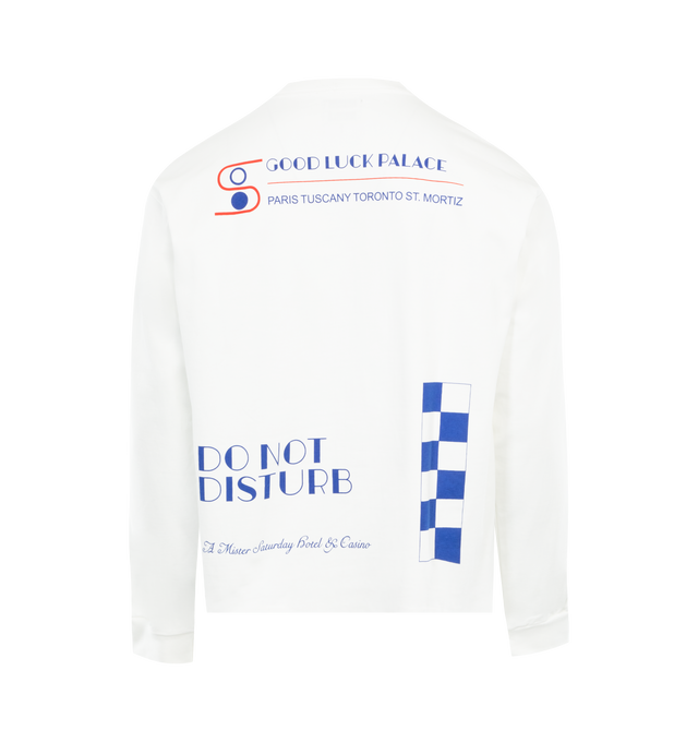 Image 2 of 2 - WHITE - MR. SATURDAY Good Luck Palace Shirt featuring long sleeves, screen printed graphic on front and back and crew neck. 100% cotton. 