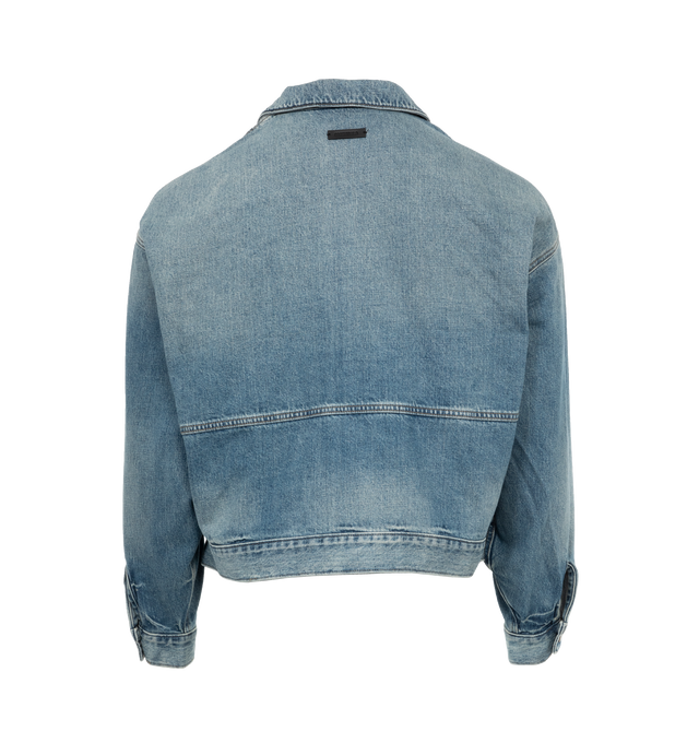 Image 2 of 4 - BLUE - FEAR OF GOD ESSENTIALS Denim Jacket featuring two-way zip fastening, faded wash, relaxed shape and brand's signature logo patch on back. 100% cotton. 