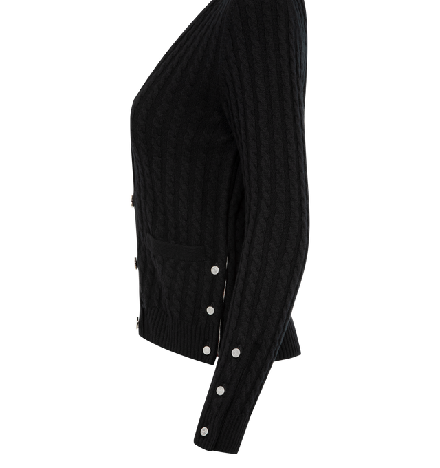 Image 3 of 3 - BLACK - THOM BROWNE Cashmere Baby Cable Stitch Cardigan featuring V-neckline, front closure with anchor-engraved buttons, patch hand pockets with ribbed trim, ribbed cuffs and side vents with buttons and RWB grosgrain trim and signature striped grosgrain loop tab. 100% cashmere. Made in the United Kingdom. 