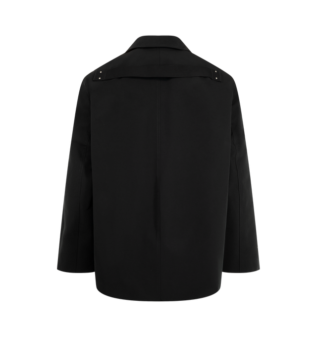 Image 2 of 2 - BLACK - Rick Owens Men's Collared Mac Jacket is crafted from wool whipcord and waxy lamb leather and features an ample, below-hip silhouette with slightly dropped shoulders, level shoulder seams, and a concealed snap-front closure. Designed with a high neck and a detachable throat strap, it is finished with two vertical chest pockets, two front flap pockets, and a cotton webbing strap with rivet detailing across the back yoke. This version is lined in felpa for added comfort and structure. Ma 