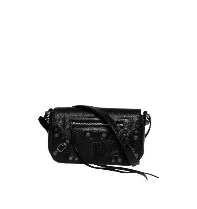 BLACK - BALENCIAGA Le Cagole Mini Flap Bag featuring arena lambskin, flap bag, adjustable crossbody strap (drop: 19,7 inch), aged-silver hardware, front zipped pocket with knotted leather puller, flap magnet closure, 1 main compartment, 1 inner zipped pocket and 1 back pocket. L7.9 x H5.5 x W2 inch. 100% lambskin. Made in Italy. 
