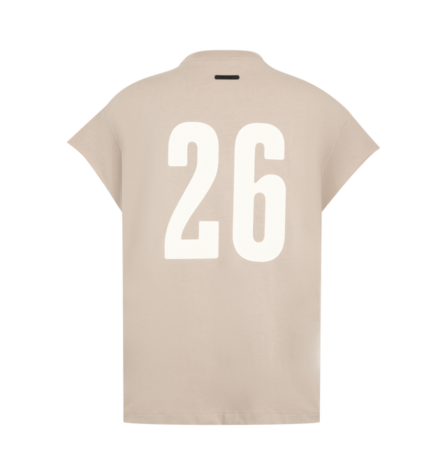 Image 2 of 2 - NEUTRAL - The Men's Fear Of God 90s Cut Off Shirt is crafted from 100% cotton jersey and designed in a boxy fit with raw, cut-off sleeves. The front features a graphic logo. The piece is finished with an Essentials label at the back collar. 