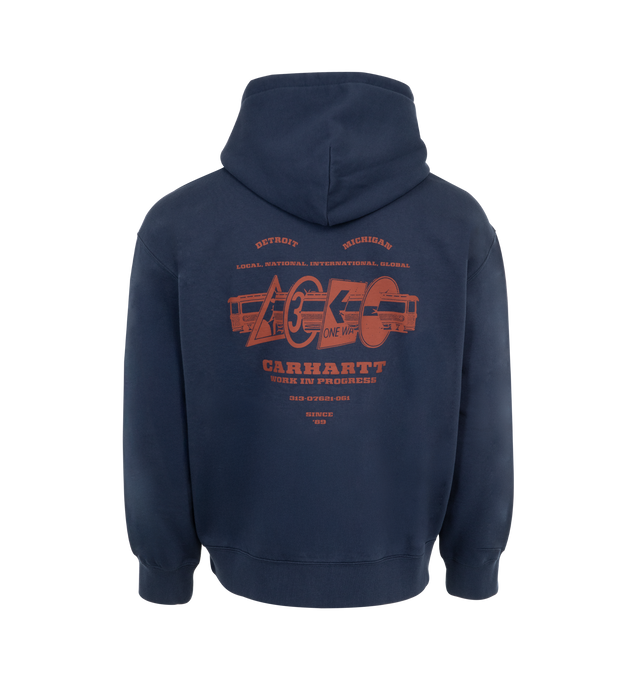 Image 2 of 2 - BLUE - Carhartt WIP Runway Zip Front Hoodie has an attached drawstring hood, a zip front closure, a kangaroo pocket, graphic prints, embroidery details, and a balloon fit. 80%Q cotton, 20% polyester.  