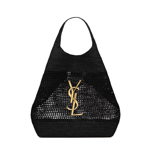 Image 2 of 5 - BLACK - SAINT LAURENT Icare Raffia Bag featuring maxi tote in natural raffia and vegetable-tanned leather, crocheted entirely by hand, cassandre on front, inner ties that allow the sides to be collapsed or expanded as desired, removable raffia sunglasses case affixed with a long chain and bronze-tone hardware. 14.621.7 X 16.9 X 2 inches. Handle drop: 8.7 inches. Raffia. Made in Madagascar. 