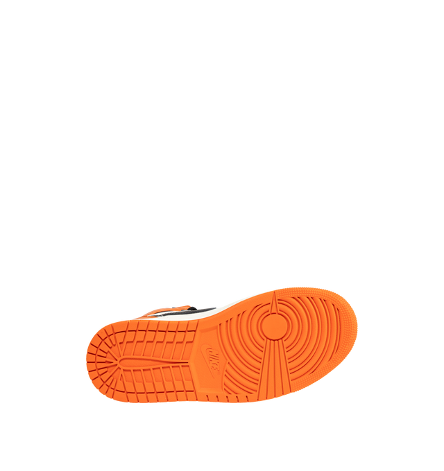 Image 4 of 5 - ORANGE - JORDAN Air Jordan 1 Retro High OG Sneaker featuring encapsulated Air-Sole units, solid rubber outsole, genuine leather, wings logo stamped on collar, stitched-down Swoosh logo, rubber traction and foam sole. 