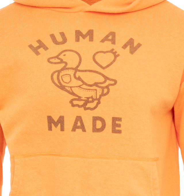 Image 3 of 4 - ORANGE - HUMAN MADE Tsuriami Hoodie featuring worn-in graphic print of the front and back, ribbed cuffs and hem, embroidery above left cuff and hood. 100% cotton. 