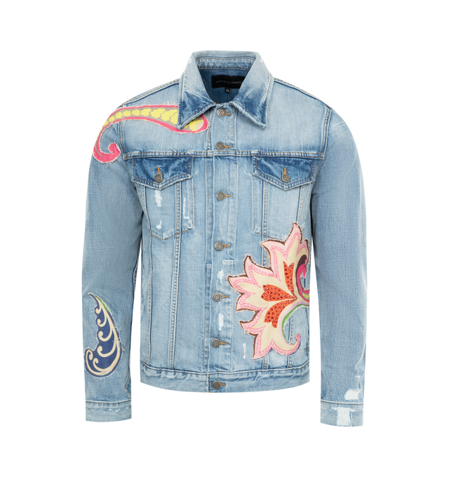 Image 1 of 2 - BLUE - COUT DE LA LIBERTE Johnny Psycho Summer Trucker Jacket featuring embellished patches throughout, button front closure, button flap pockets, long sleeves and collar. 100% cotton. Made in USA. 