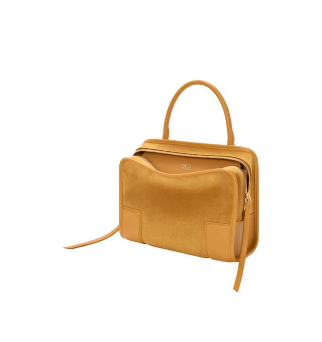 Image 7 of 16 - YELLOW - Loewe Women's Amazona 180 Medium Bag is crafted from suede and calf leather and features a relaxed silhouette with a single toron top handle, a concealed magnetic closure, and removable shoulder and crossbody straps. Designed with two compartments, an internal flat pocket, and a side D-ring for personalization, this versatile style can be carried by hand, over the shoulder, or crossbody. Suede lining and embossed LOEWE branding complete the design. Main Material: Suede/Calf Leather. 