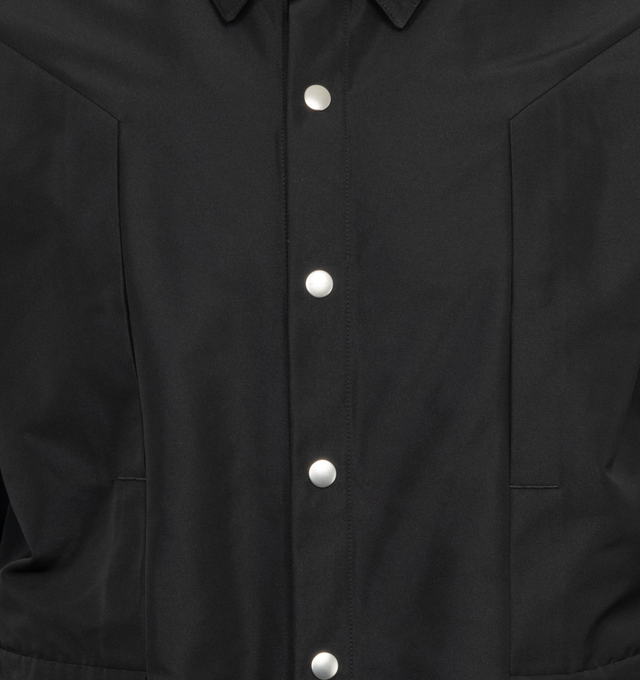 Image 3 of 3 - BLACK - RICK OWENS Fogpocket Overshirt featuring front snap closure, hidden placket, point collar, long sleeves, chest vertical welt pockets and curved hem. 100% cotton. Made in Italy. 