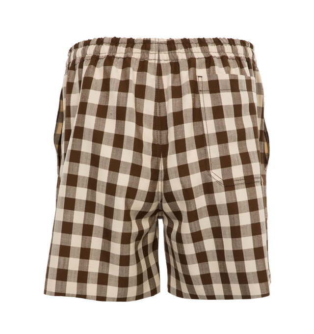 Image 2 of 4 - BROWN - BODE Gilbert Check Shorts featuring print throughout, elastic waist, back patch pocket, a short inseam and a wide leg opening. 100% viscose. Made in Romania. 