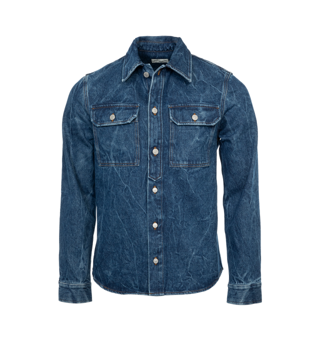 Image 1 of 3 - BLUE - DRIES VAN NOTEN Denim Shirt featuring non-stretch denim, fading throughout, paneled construction, spread collar, button closure, flap pockets, shirttail hem, two-button barrel cuffs, logo-engraved silver-tone hardware and contrast stitching in orange. 100% cotton. Made in Italy. 