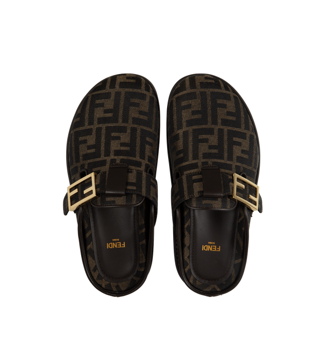 Image 4 of 4 - BROWN - FENDI Feel Mule featuring round-toe, FF strap, jacquard fabric and gold-finish metalware. 50% polyester, 50% polyamide. Inside: 100% lamb leather. Made in Italy. 