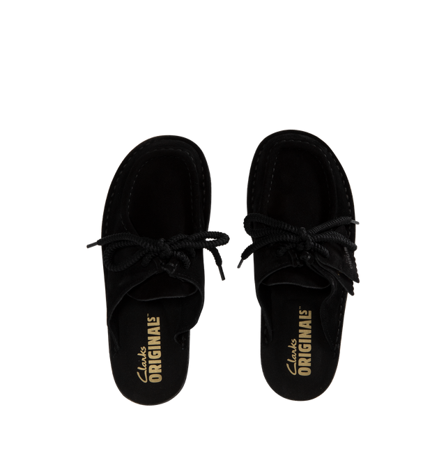 Image 4 of 4 - BLACK - CLARKS Desert Nomad Mule featuring suede upper, Clarks Originals heat embossed metallic foil logo on footbed, cord lace, natural Pebble Crepe sole and finished with two Clarks Originals fobs. 