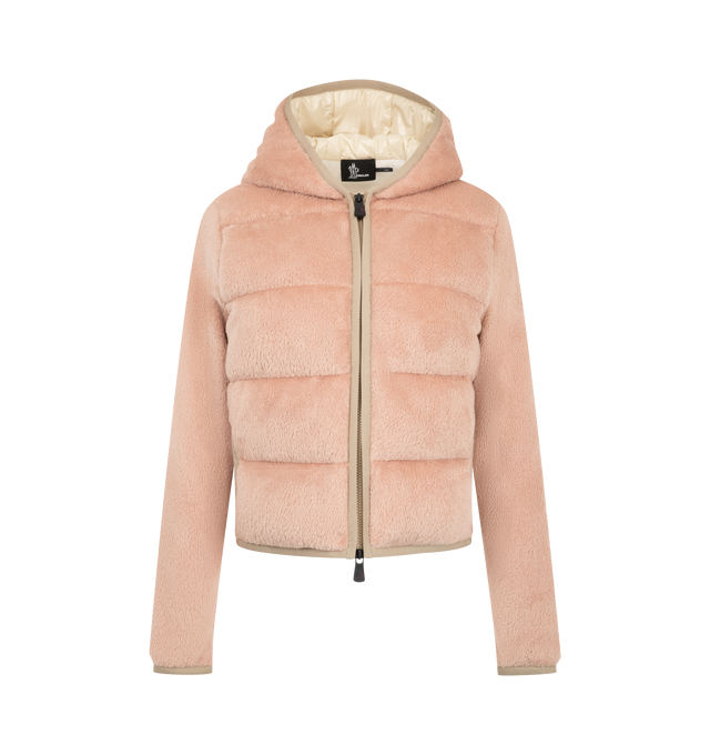 Image 1 of 1 - PINK - Moncler Women's Plush Padded Zip-Up Hoodie is crafted from Polartec High Loft stretch velour and features a down-filled front panel, a front zip closure, and side pockets. Designed for trekking and hiking, this loose-fit style combines lightweight insulation with Polartec thermal air pocket technology for enhanced warmth and comfort. Main Material: 97% Polyester, 3% Elastane. Hood: 97% Polyester, 3% Elastane. Front Lining: 100% Polyamide/Nylon. Hood Lining: 100% Polyamide/Nylon. Back L 