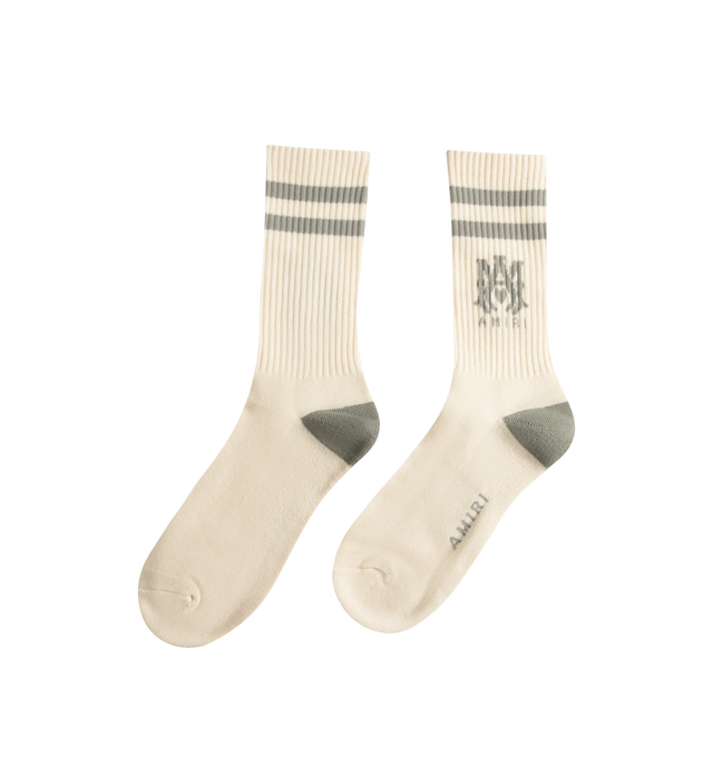 Image 2 of 2 - WHITE - AMIRI MA Stripe Sock featuring classic silhouette, ribbed detail throughout, MA logo at ankle and Amiri logo at foot. 78% cotton, 20% polyester, 2% elastane. 