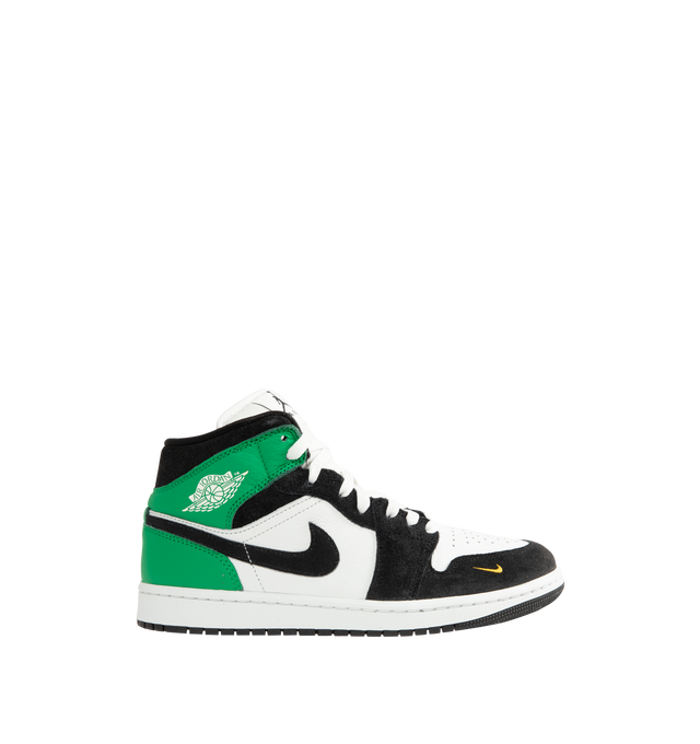 Image 1 of 5 - GREEN - Men's Air Jordan 1 Mid SE Sneakers feature a genuine leather upper with the iconic mid-top silhouette, signature Wings branding, and a stitched Swoosh for a timeless heritage look. These lifestyle sneakers combine encapsulated Air-Sole cushioning, a padded collar, and a durable rubber outsole for lightweight comfort, lasting support, and reliable traction. Main Material: Genuine Leather. Midsole: Encapsulated Air-Sole Unit. Sole: Rubber. 