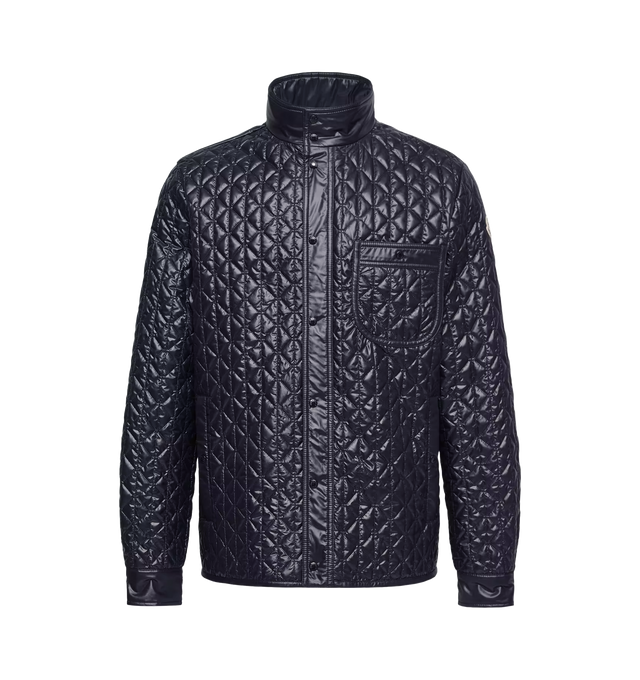 Image 1 of 1 - BLUE - Moncler Mens Cleorine Geometric-Quilted Padded Jacket is crafted from polyester with a polyester lining and padded construction. Features a stand collar, zipper and snap-button closure, side pockets with snap-button closures, chest pockets with snap-button closures, inside zipped pocket, adjustable cuffs, and logo patch detailing. Exterior: 100% Polyester; Lining: 100% Polyester; Padding: 83% Polyester, 17% Polyethylene. Made in Romania. 