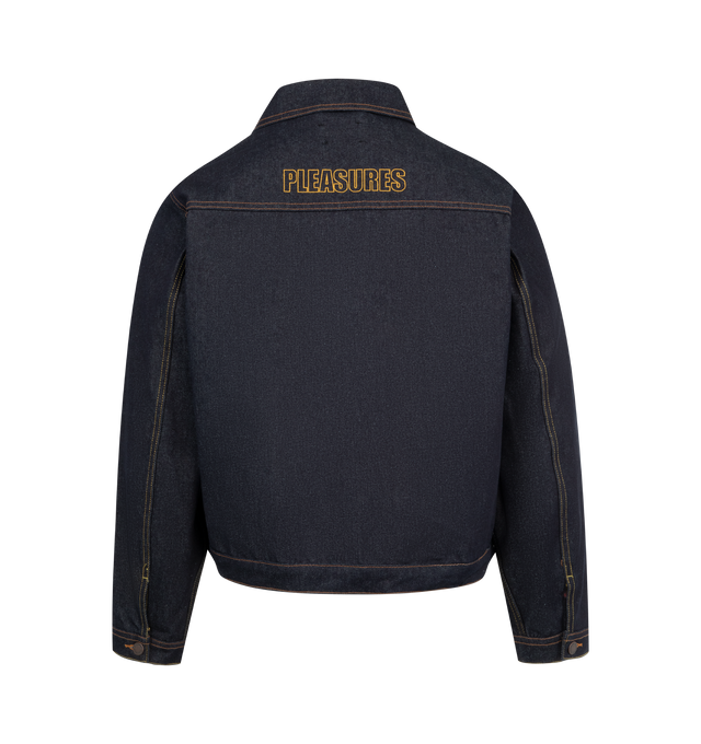 Image 2 of 2 - BLUE - PLEASURES Mileage Denim Trucker Jacket featuring washed denim, logo embroidered across the back, point collar, vertical zippers and button cuffs. 64% cotton, 24% polyester, 12% rayon. 