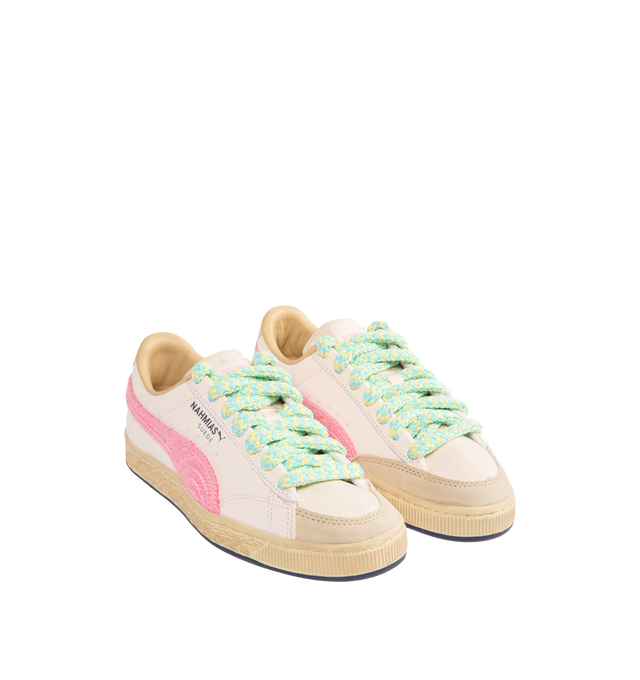 Image 2 of 5 - MULTI - PUMA x NAHMIAS Suede Crochet Sneakers featuring a distressed leather formstrip and trim, crochet laces, PUMA x Nahmias friendship lace beads, Let's Be Friends" printed on the inner lining and rounded toe. 