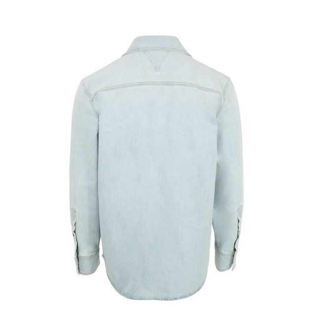 Image 2 of 2 - BLUE - Bottega Veneta Bleached Dirty Denim Shirt has a spread collar, a button closure, button cuffs, a special label on the chest pocket, and an extra bleached effect overall. 100% cotton. Made in Italy.  