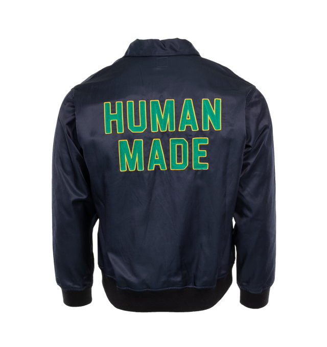 Image 2 of 4 - NAVY - HUMAN MADE Half Zip Pullover featuring long sleeves, logo on front, collar and half zip. 58% cotton, 42% rayon. Lining: 100% cotton. 