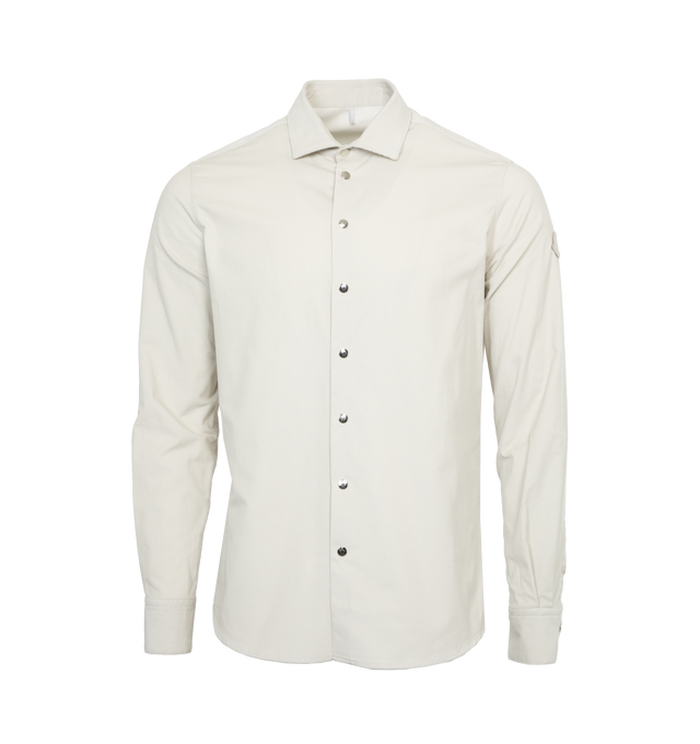 Image 1 of 3 - WHITE - MONCLER Corduroy Shirt featuring collar, snap button closure, mother-of-pearl buttons on collar and cuffs, chest pocket, adjustable cuffs and fabric logo patch. 100% cotton. Made in Romania. 