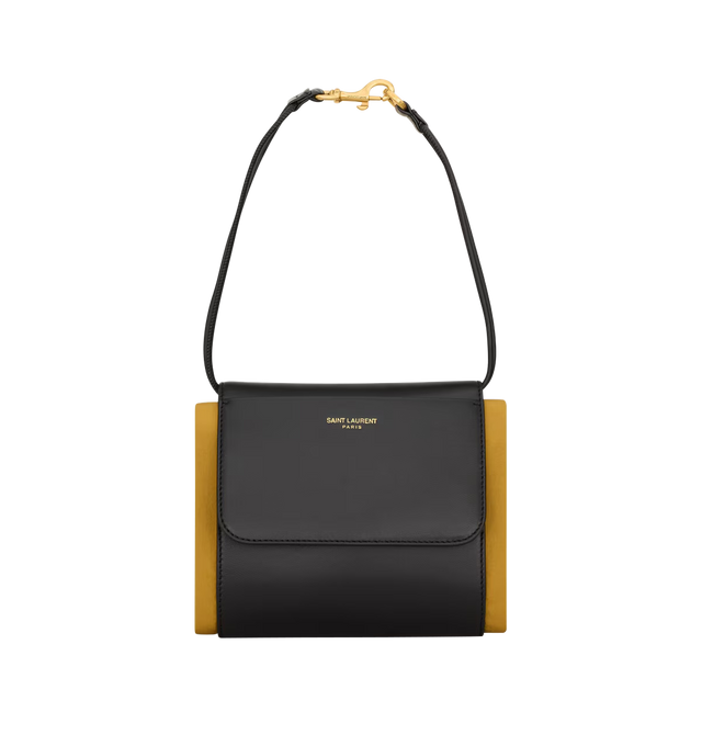 Image 2 of 5 - YELLOW - SAINT LAURENT Foulard Folding Pouch in nylon and leather featuring modular supple pouch with a drawstring carabiner shoulder strap, logo embossed flap with front pocket, viscose lining, bronze-tone hardware, snap-button and drawstring closures, one card slot and one flat pocket at the front. 16.5" x 18.9" x 0.2". Nylon, canvas, calfskin, cotton. Made in Italy. 