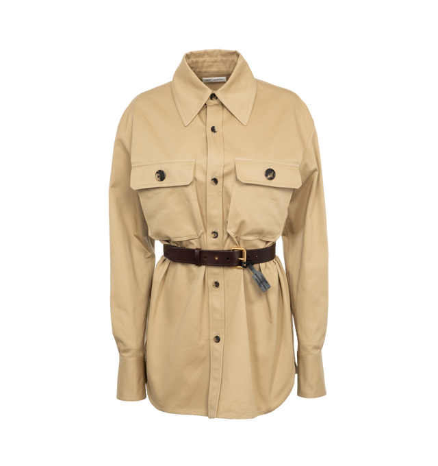 Image 2 of 4 - BROWN - SAINT LAURENT Saharienne Shirt featuring pointed collar, flap pockets, drop shoulders, front button closure and curved hem. 100% cotton.  