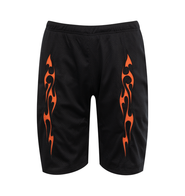 Image 1 of 3 - BLACK - PLEASURES Flame Mesh Shorts featuring pull-on styling with elastic waistband and interior drawstring tie closure, 3-pocket styling, midweight jersey mesh fabric with novelty flame embroidery and Pleasures logo at back. 100% polyester. Made in China. 